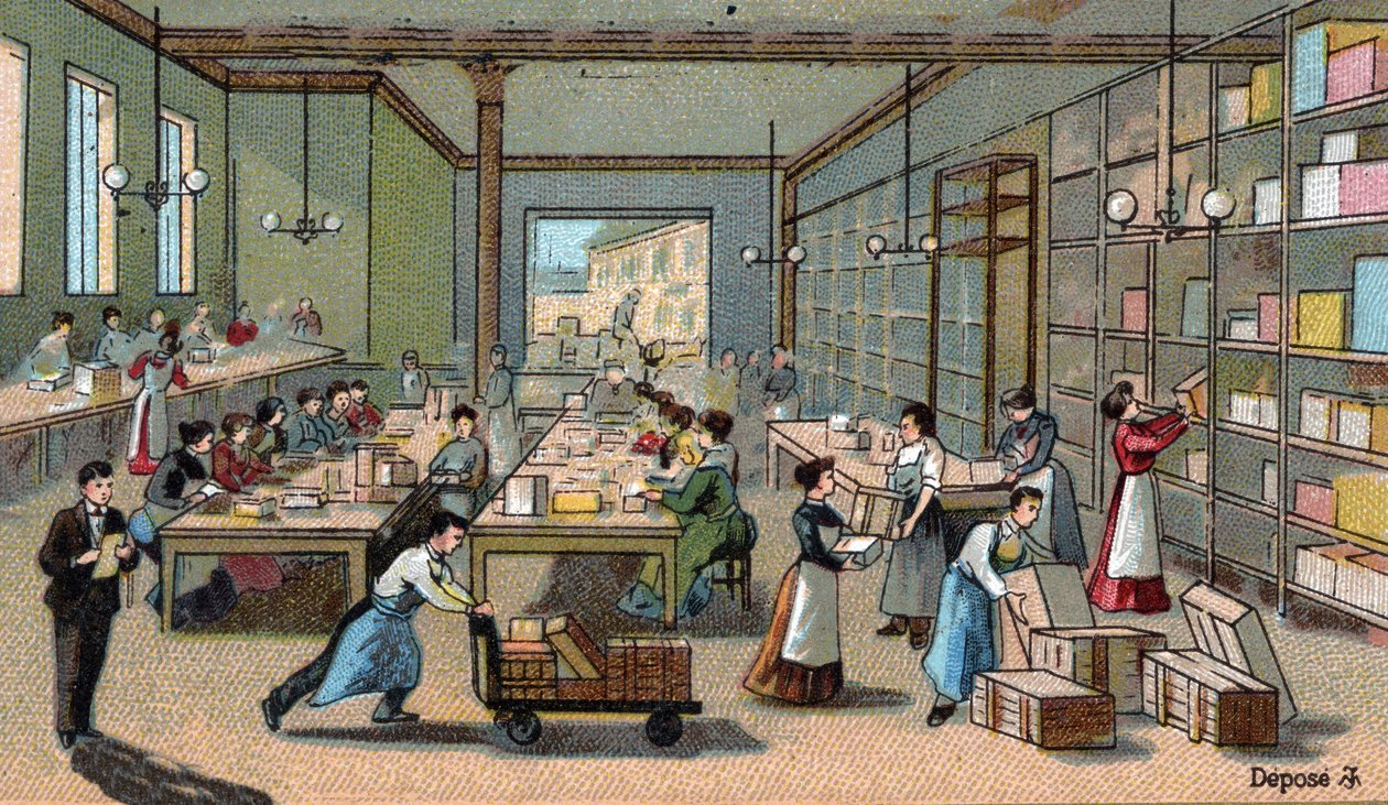 Produzione di cioccolato: confezionamento, spedizione. Cromolitografia della fine del XIX secolo da Unknown artist