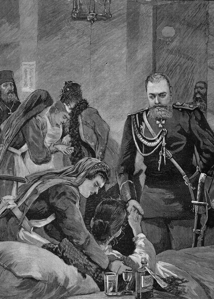 Colera in Russia nel 1892: Alessandro III, Imperatore di Russia e sua moglie Maria Feodorovna visitano un ospedale. Incisione del 1892 da Unknown artist