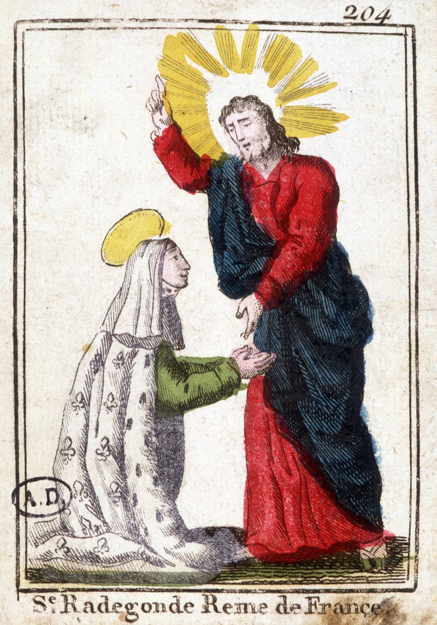 Cristo e Santa Radegonda (ca. 520 - 587), Regina di Francia, moglie di Clotario I. Immagine pia. Incisione dell