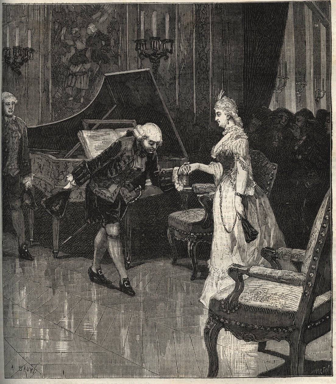 Christoph Willibald Gluck davanti alla regina Maria Antonietta a Trianon - Christoph Willibald Gluck (1714-1787), compositore tedesco che suona davanti alla regina Maria Antonietta a Trianon - incisione in 