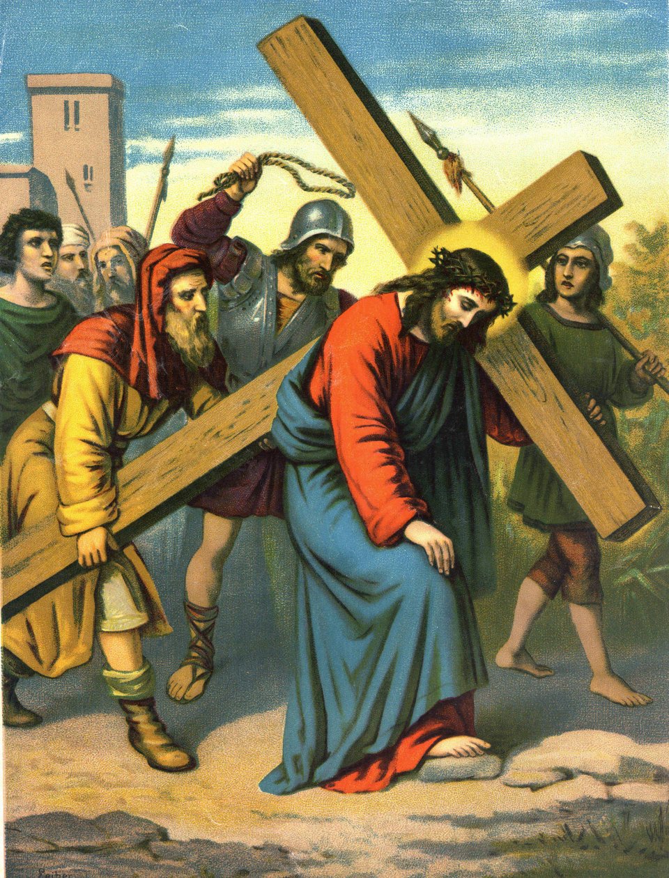 Cromolitografia della fine del XIX secolo raffigurante la vita di Cristo: Gesù che porta la croce. da Unknown artist
