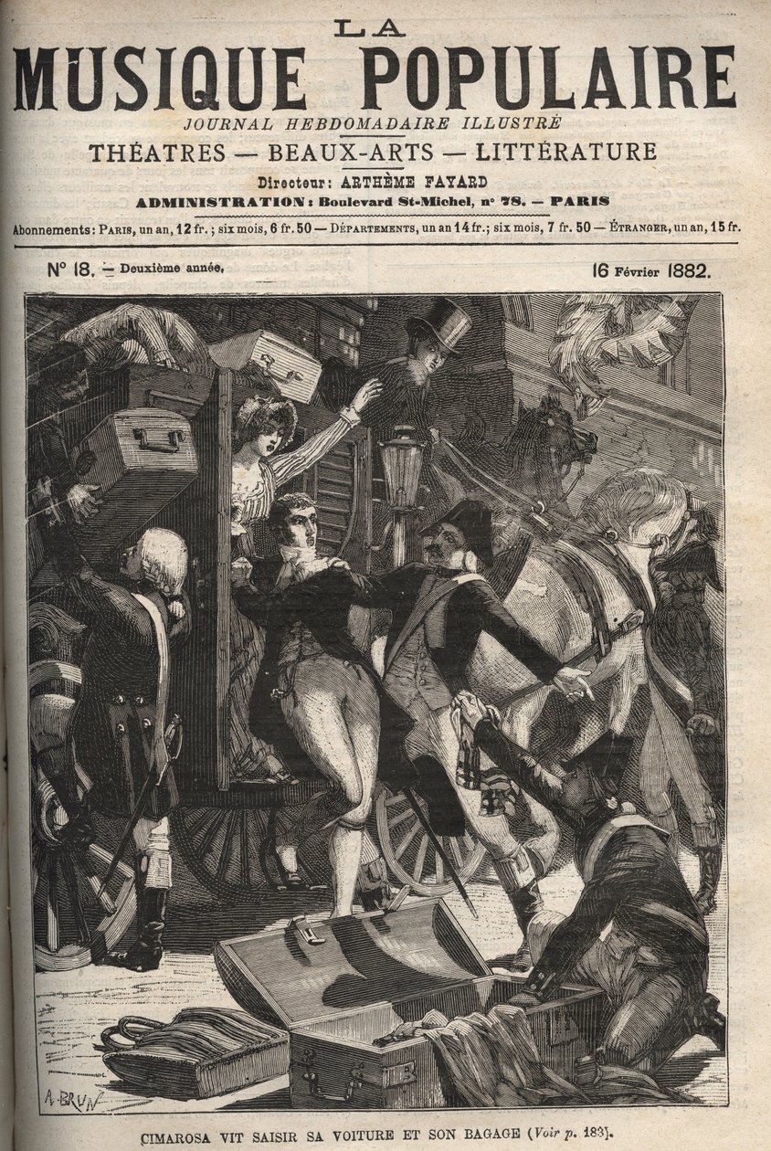 Cimarosa vede la sua carrozza e i suoi bagagli sequestrati - Domenico Cimarosa (1749-1801), compositore italiano del XVIII secolo. incisione in “Popular Music” settimanale illustrato - 1882 da Unknown artist