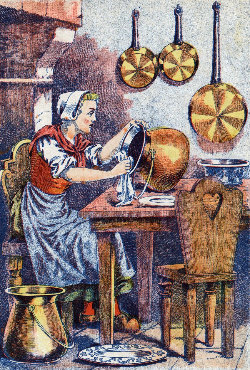 Cenerentola nella sua cucina, Illustrazione per "Cenerentola", racconto di Charles Perrault (1628-1703), scrittore francese. Illustrazione anonima da Unknown artist
