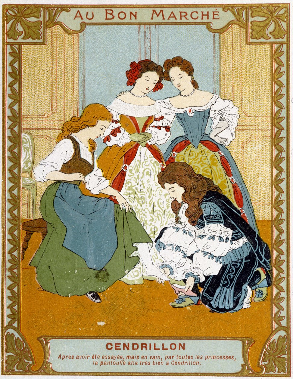 Cenerentola prova la scarpetta di vetro - Etichetta pubblicitaria Bon Marché da Unknown artist