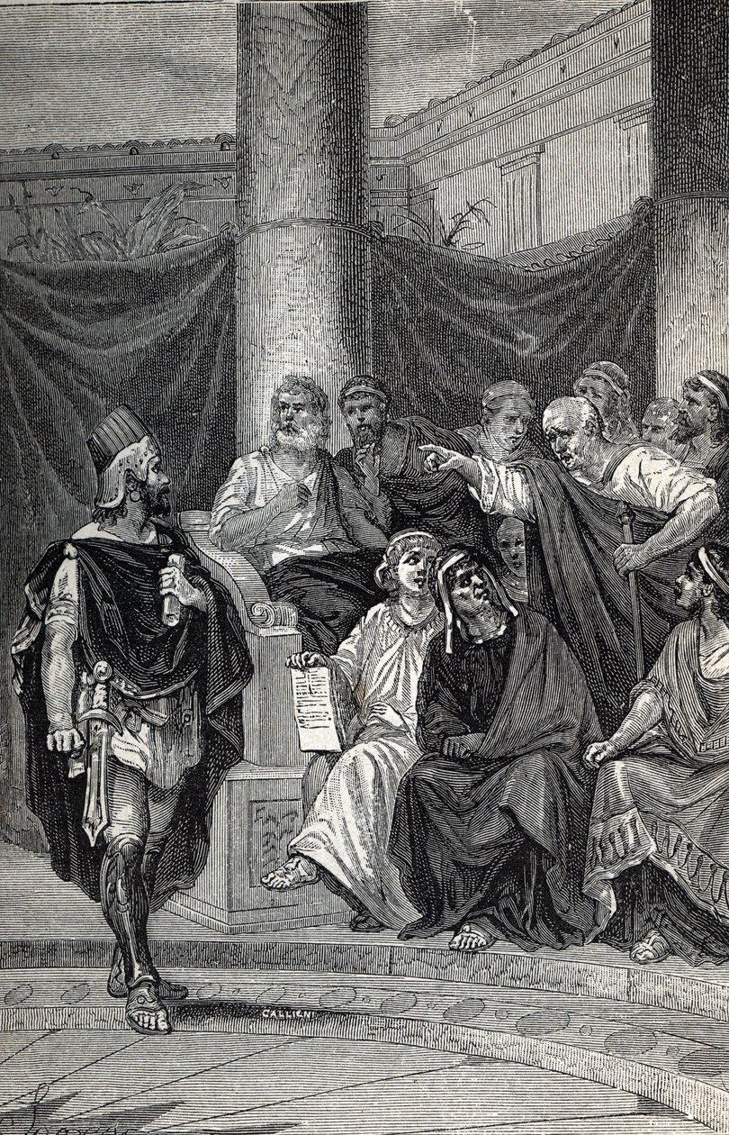 Cineas importante consigliere del re Pirro che cerca di negoziare con i Romani dopo la battaglia di Eraclea 280 a.C., Incisione 1884 da Unknown artist