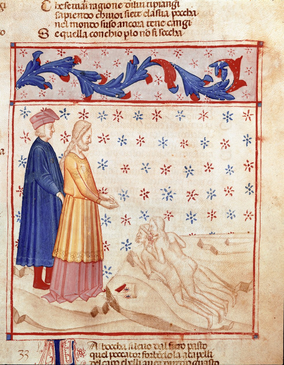 Cerchio dei Traditori: Dante e Virgilio incontrano Ugolino della Gherardesca, tiranno di Pisa e condannato per tradimento alla patria, che batte la testa dell