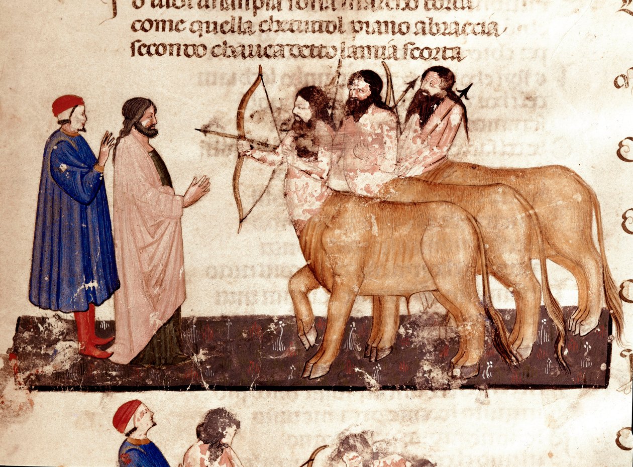 Cerchio dei Violenti: Dante e Virgilio incontrano i Centauri armati di archi e frecce. Pagina illuminata che illustra il 7° canto dell