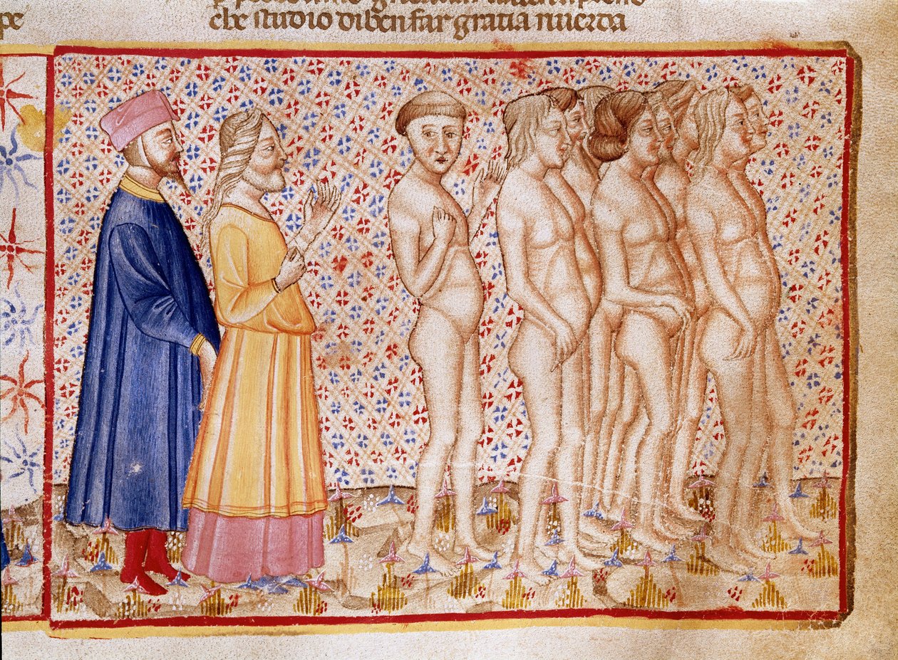 Cerchio dei violenti contro Dio, natura e arte: Dante e Virgilio incontrano i bestemmiatori. Pagina miniata che illustra un canto dell