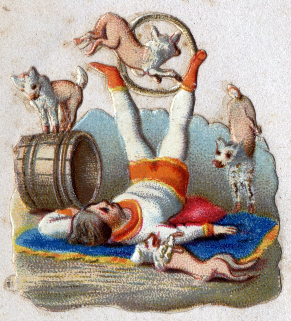Circo: un domatore di animali che fa passare i cani attraverso un cerchio. Cromolitografia intorno al 1890. da Unknown artist