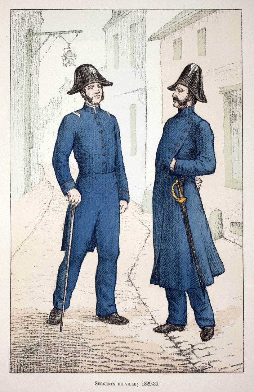 Sergenti della città (1829-1830). Acquaforte a colori, per illustrazione “Histoire du corps des gardiens de la paix” libro pubblicato sotto gli auspici di Louis Lepine (1846-1933) prefetto di polizia della Senna, di Alfred Rey (1864-?) e Louis Feron (1862- da Unknown artist
