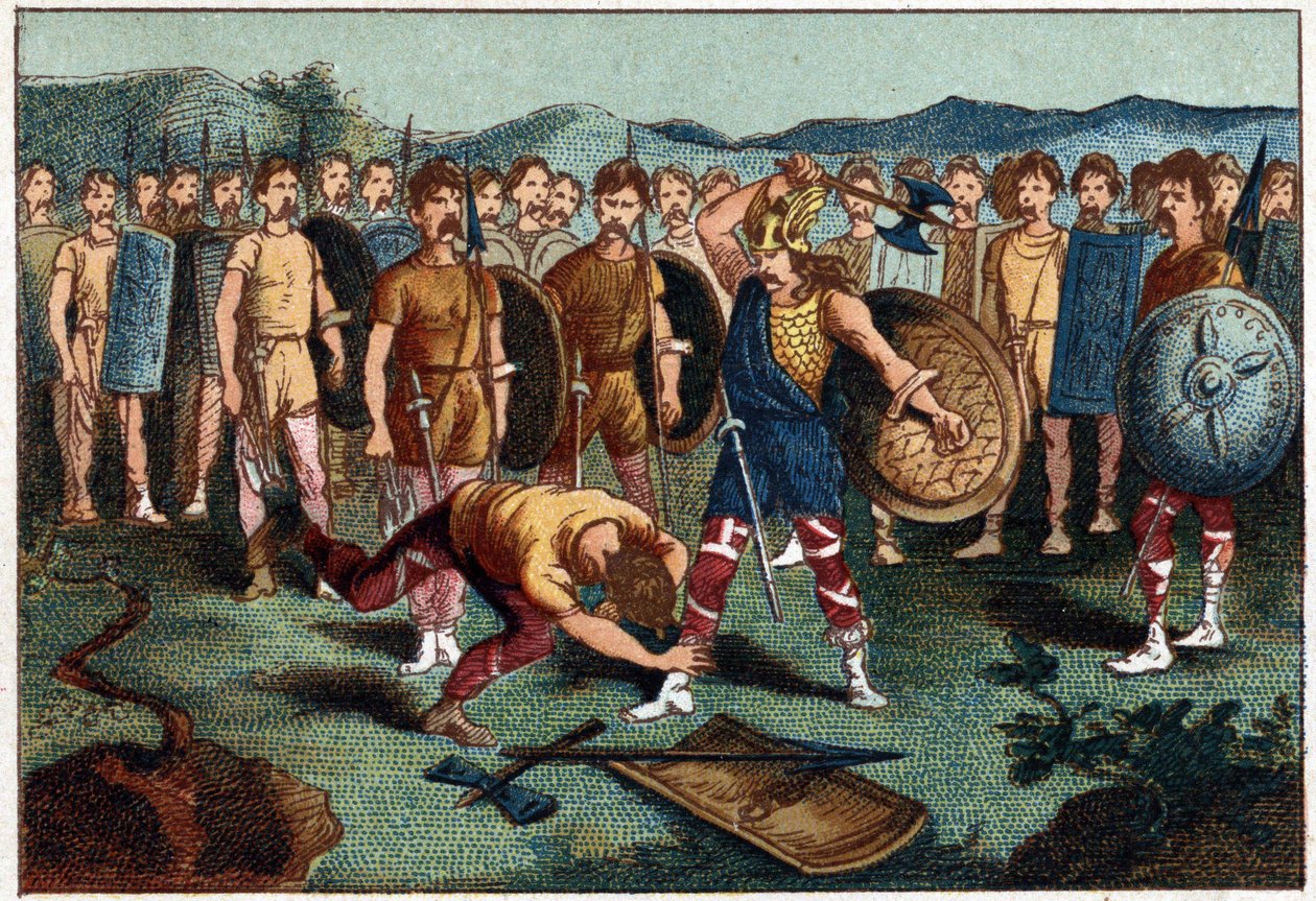 Clodoveo (465-511) e il guerriero franco che ruppe il Vaso di Soissons nel 486 - Clodoveo I che abbatte il soldato che aveva rotto il Vaso di Soissons, nel 486. Cromolitografia del XIX secolo da Unknown artist