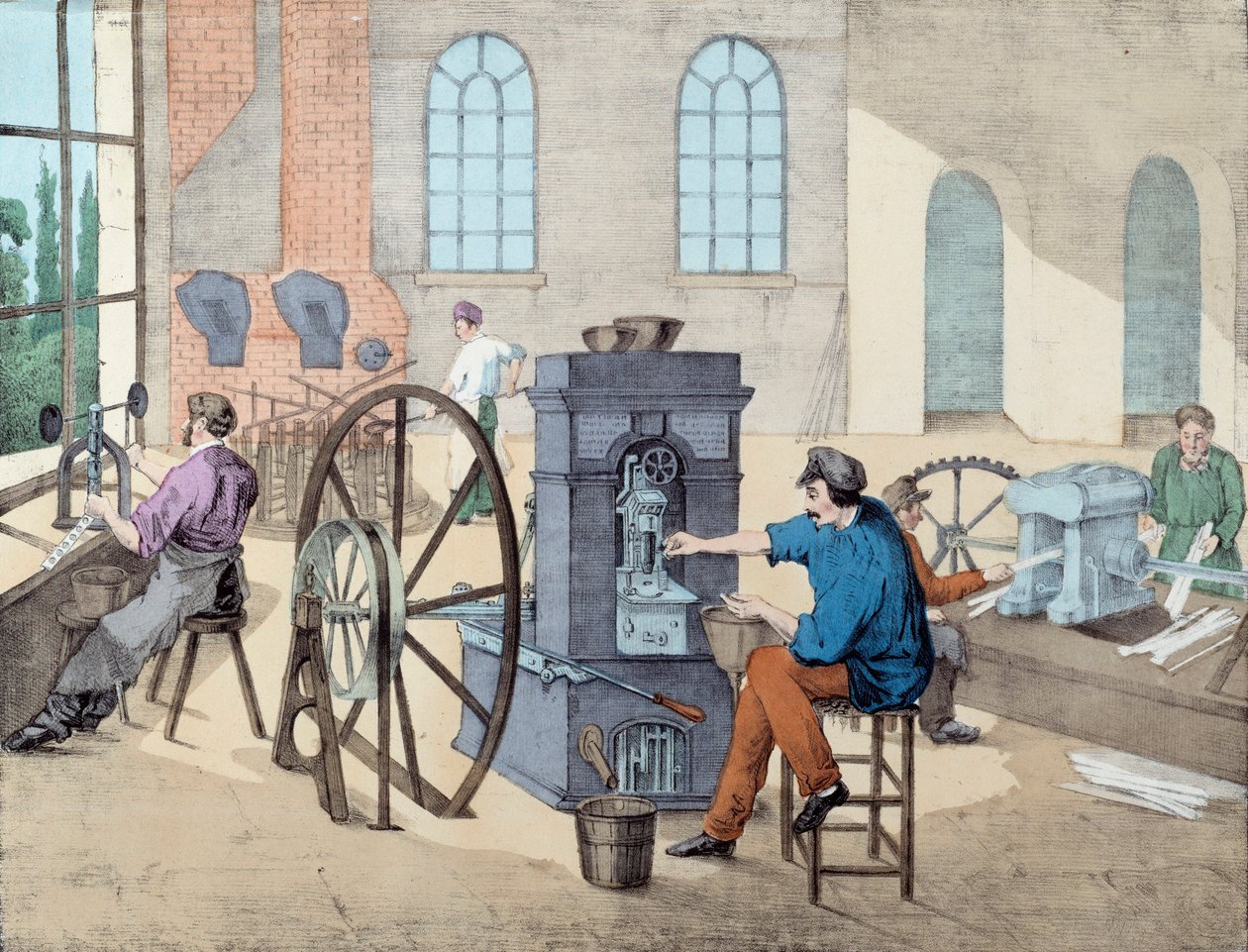 Coniazione: operai al lavoro in una fabbrica in varie fasi, fusione e coniazione di monete, incisione del XIX secolo, Parigi, arti decorative da Unknown artist