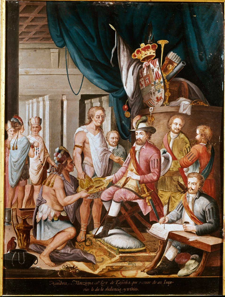Conquista del Messico: Montezuma (o Moctezuma II), imperatore azteco (1466-1520) offre doni al conquistador Hernan Cortez (o Cortes) (1485-1547) e giura fedeltà al Regno di Spagna da Unknown artist