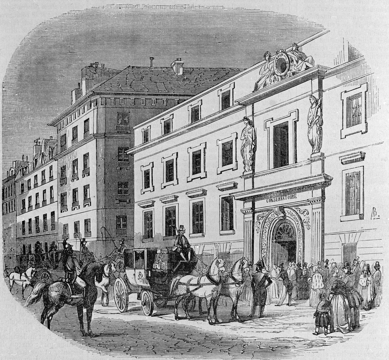 Conservatorio di musica di rue du Faubourg Poissonniere a Parigi: ingresso al concerto. Incisione del 1860 da Unknown artist
