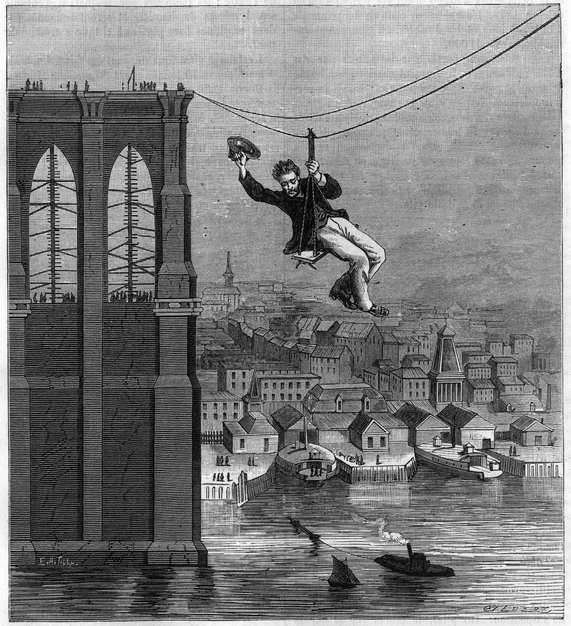 Costruzione del Ponte di Brooklyn a New York: il signor Farrington, capo meccanico della costruzione, si sposta da un pilone all