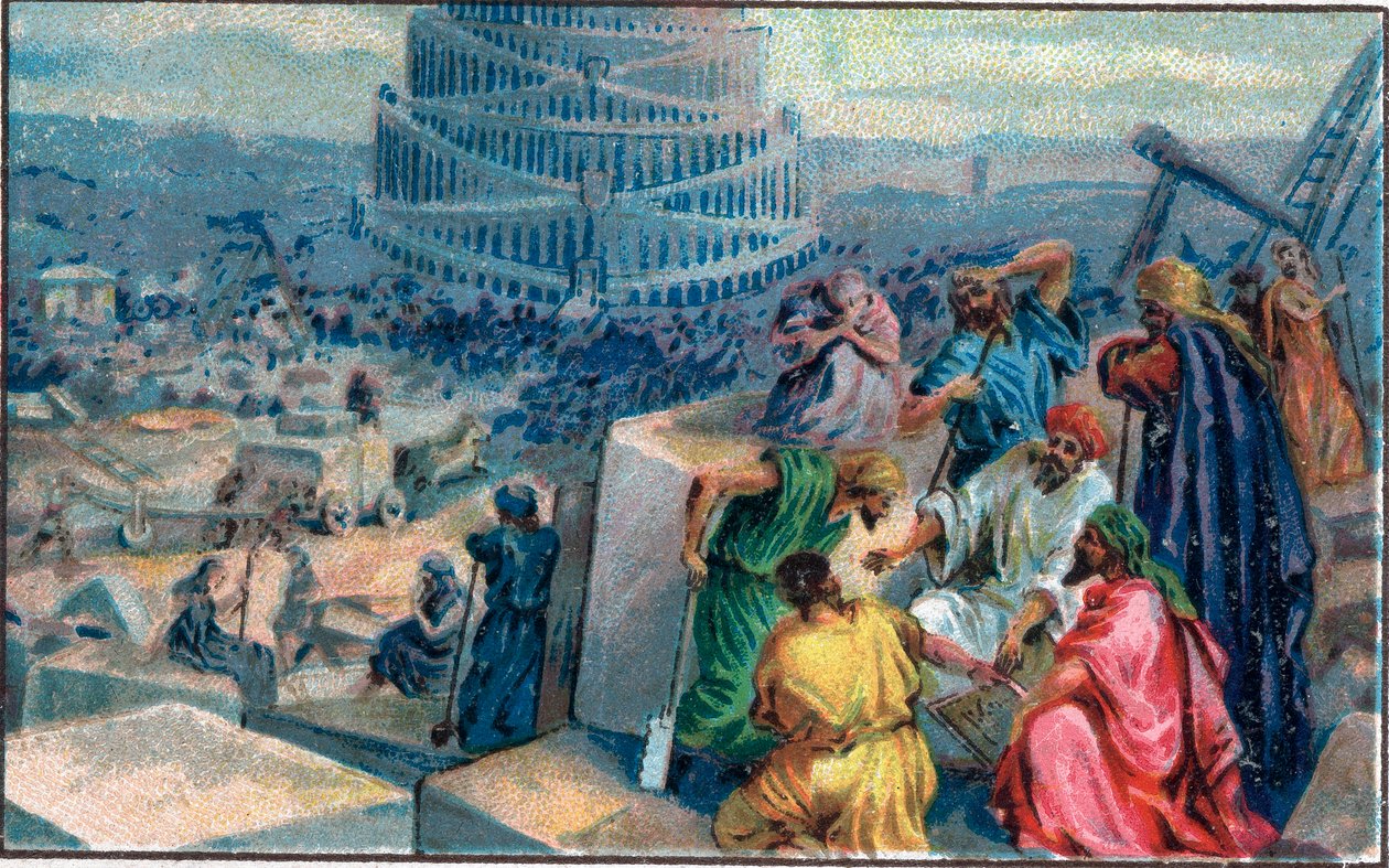 Costruzione della Torre di Babele. Cromolitografia della fine del XIX secolo da Unknown artist