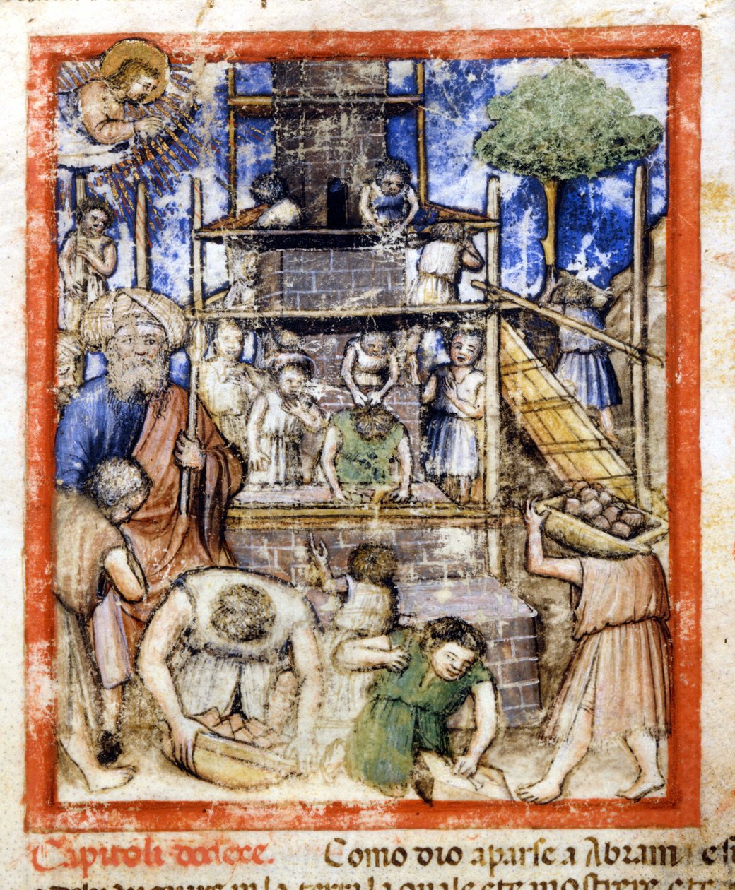 Costruzione della Torre di Babele. Miniatura dal codice 212 (o codice padovano o Bibbia di Padova) 1390-1400 Rovigo, Accademia dei Concordi da Unknown artist