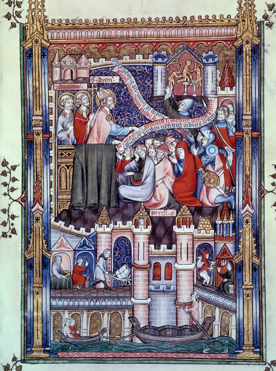 Conversione dei parigini: su un ponte di Parigi, dove si trovano negozi di oreficeria, i parigini rompono idoli in oro. Miniatura dal manoscritto "Vita di San Dionigi" di Yves, monaco di Saint-Denis da Unknown artist