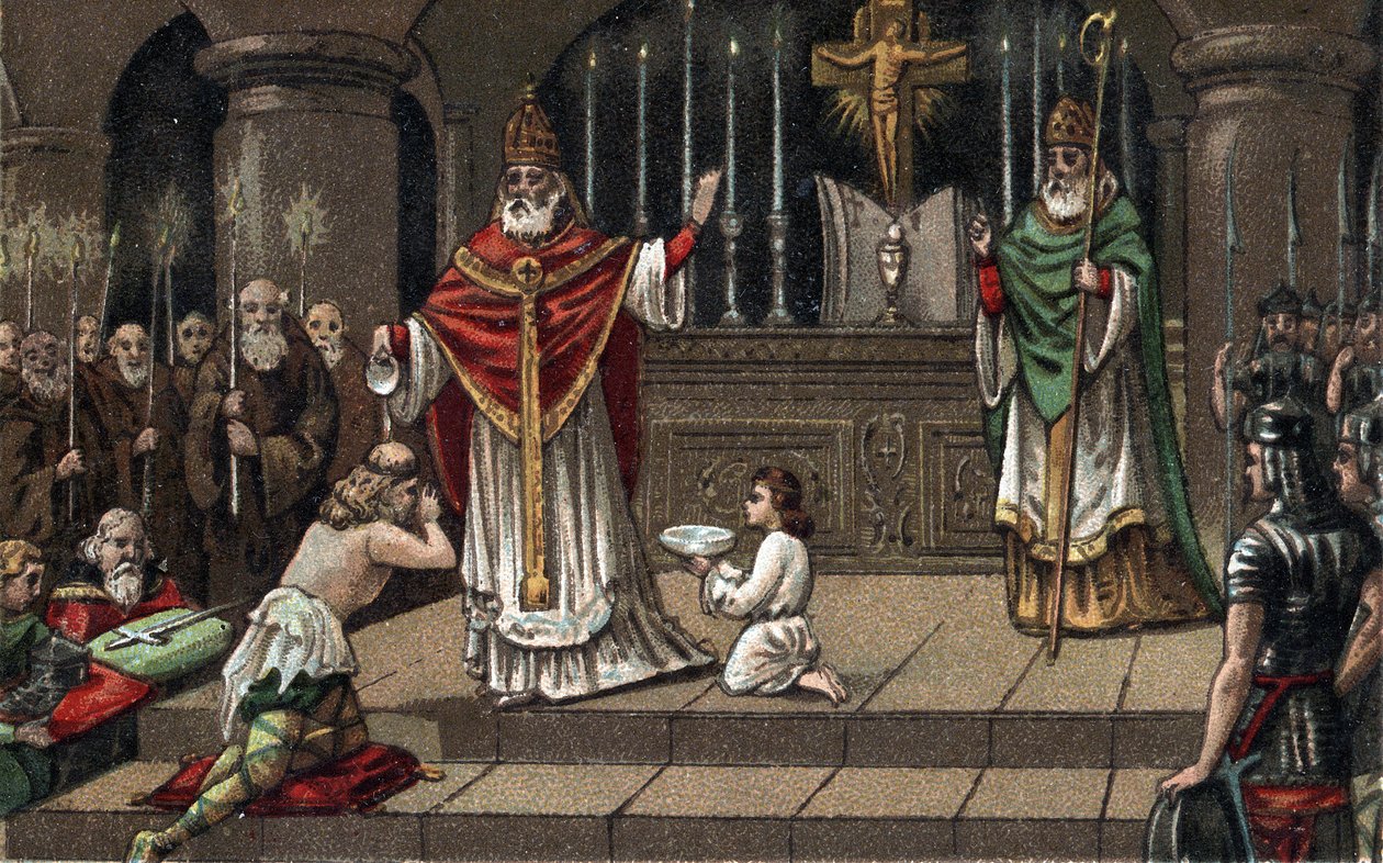 Conversione di Widukind o Witikind davanti a Carlo Magno nel 785. Cromolitografia della fine del XIX secolo da Unknown artist