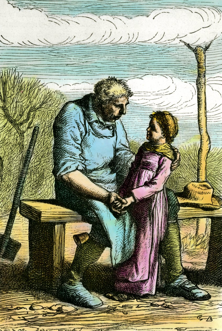 Cosette e Jean Valjean, illustrazione per il romanzo I miserabili di Victor Hugo, incisione del 1865 da Unknown artist
