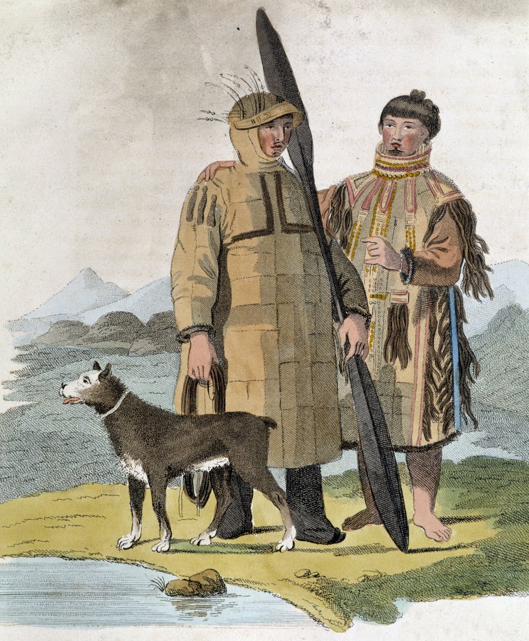Coppia di una provincia russa e il loro cane - incisione da Unknown artist