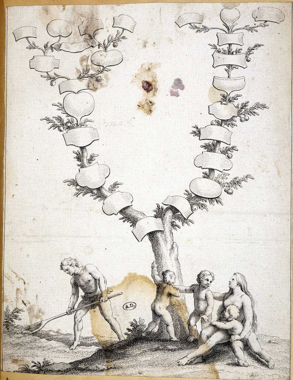 Coppia con bambini ai piedi di un albero genealogico vergine - incisione da Unknown artist
