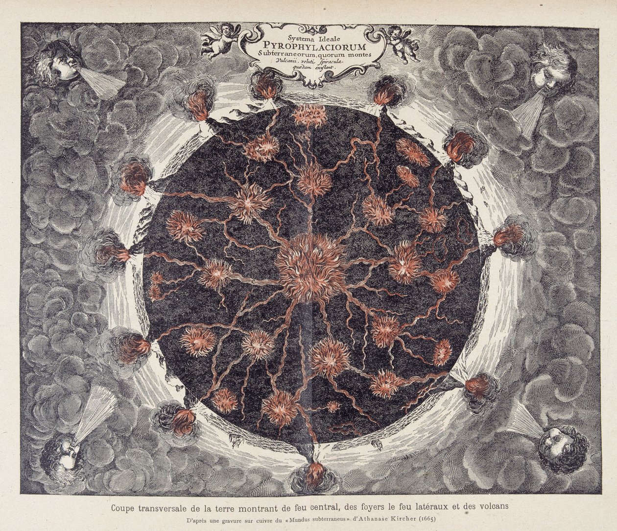 Sezione trasversale della terra che mostra fuoco centrale, camini e vulcani, da un