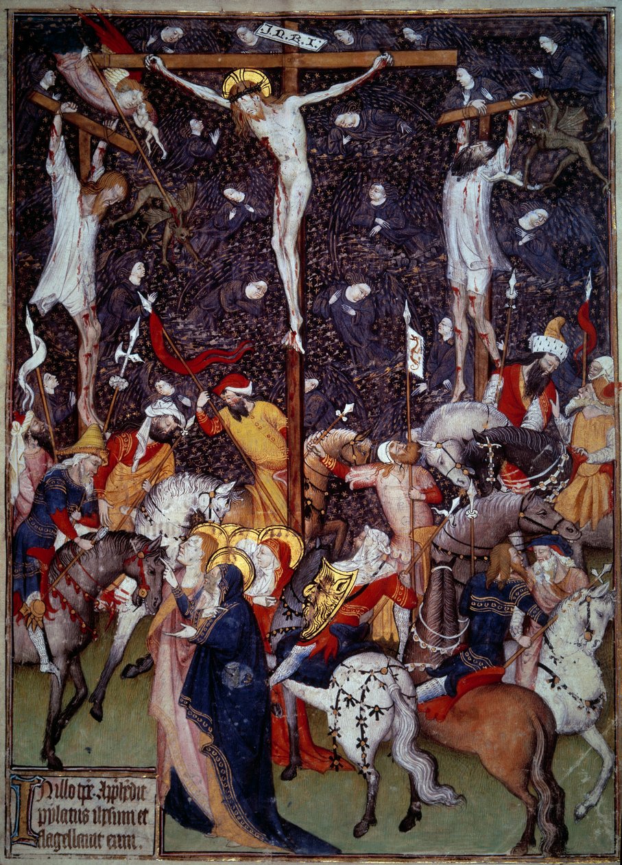 Crocifissione. Angeli neri volano intorno ai corpi dei condannati da Unknown artist
