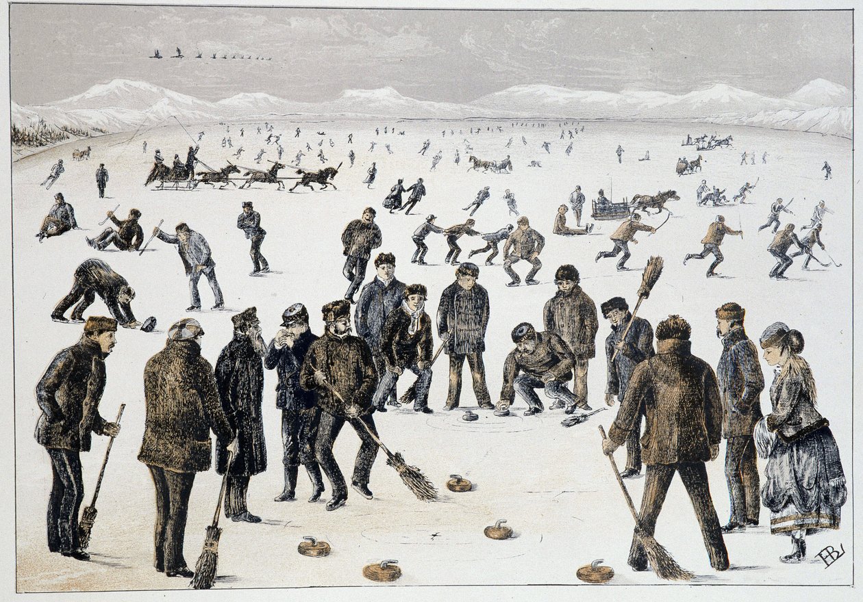 Curling su un lago ghiacciato vicino a Halifax, Nuova Scozia - in "Sketches of canadian sports and pastimes" di Lieut. Henry Buckton Laurence da Unknown artist