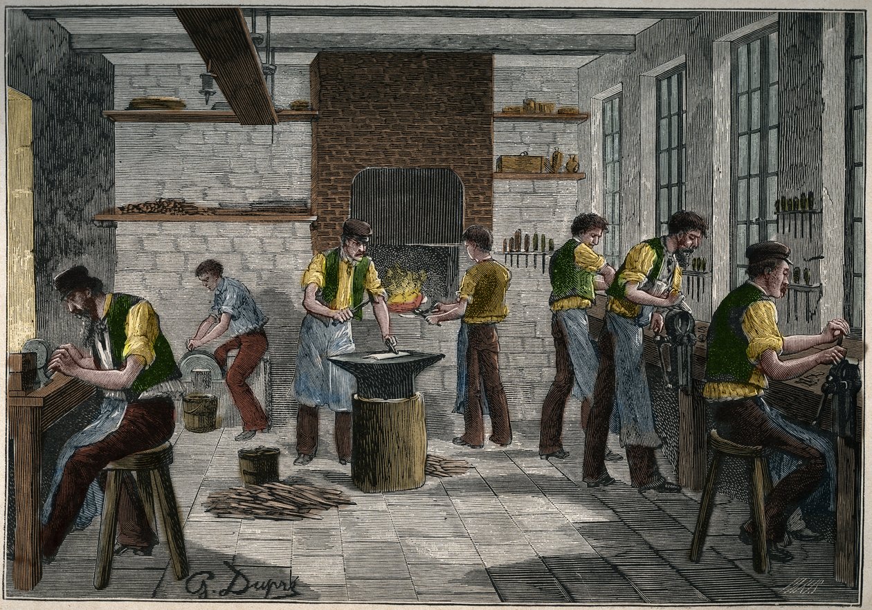 Officina di posate in Francia nel XIX secolo. Incisione del 1885 in "Les arts et métiers illustrés" di Adolphe Bitard. da Unknown artist