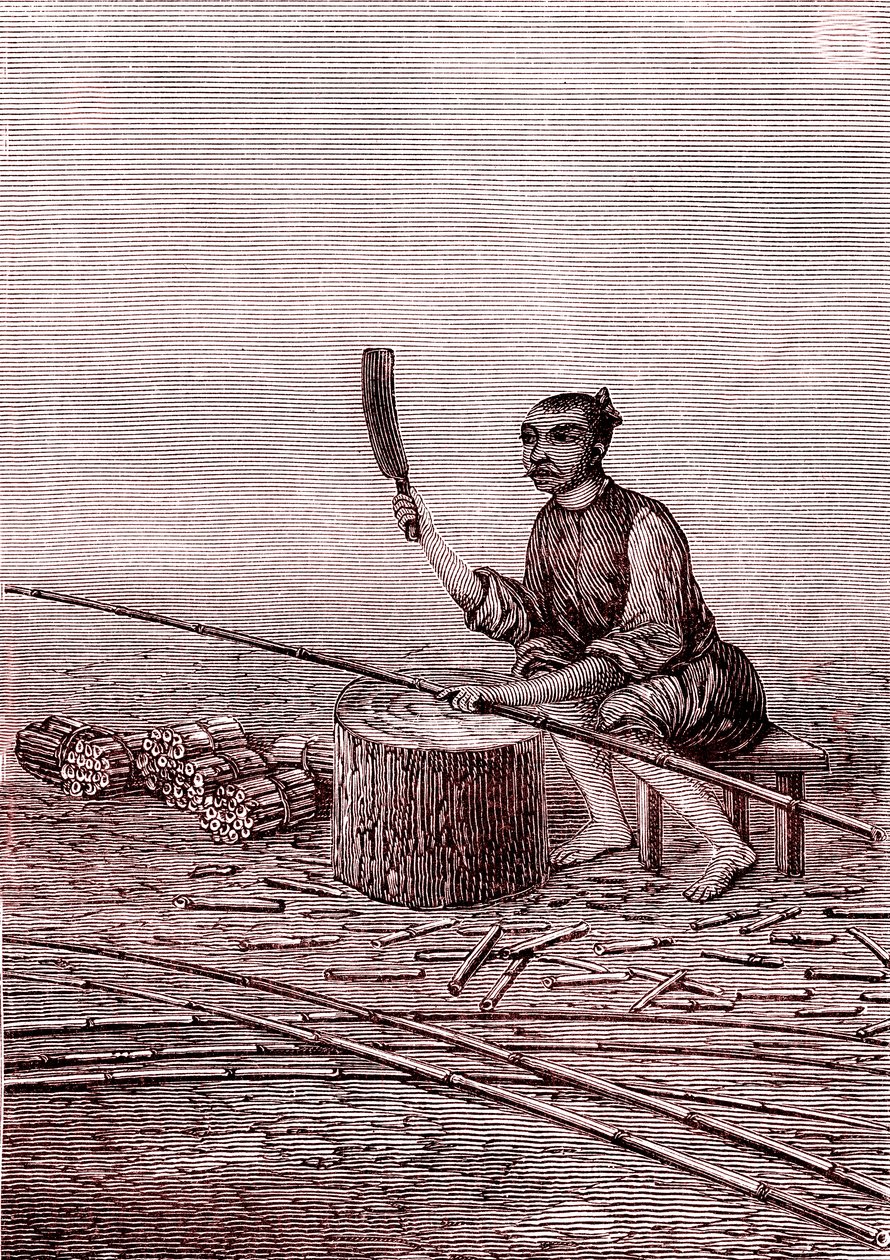 Taglio dei pezzetti di bambù, manifattura della carta in Cina (III secolo a.C.) (incisione da Unknown Artist