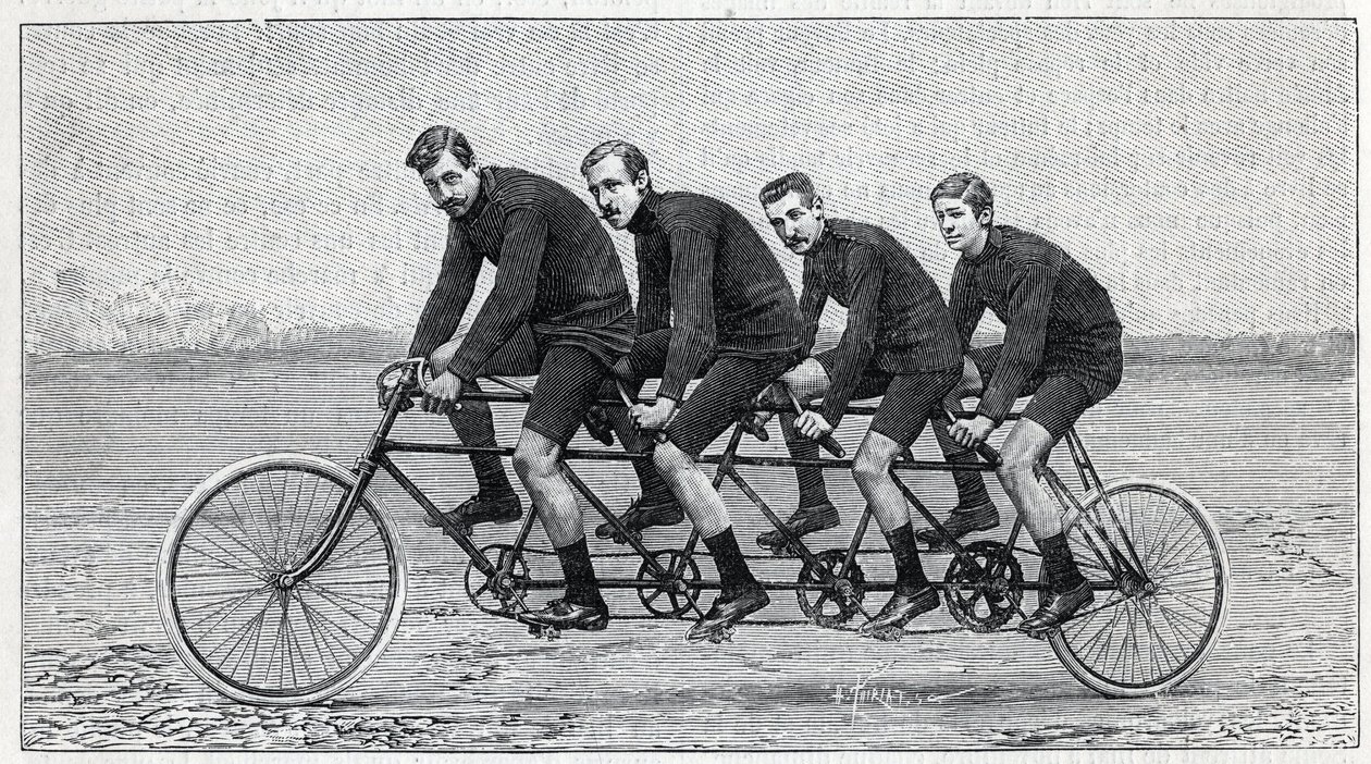 Ciclista su una bicicletta chiamata "quadruplette gladiator". Incisione in "La Nature" da Unknown artist
