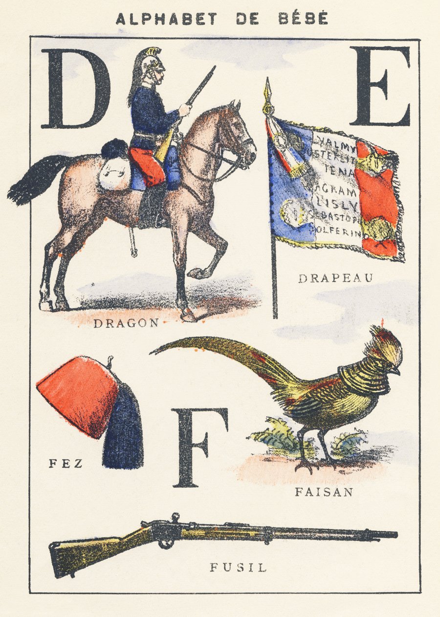 D E F: drago, bandiera, fagiano, fez, fucile da Unknown artist