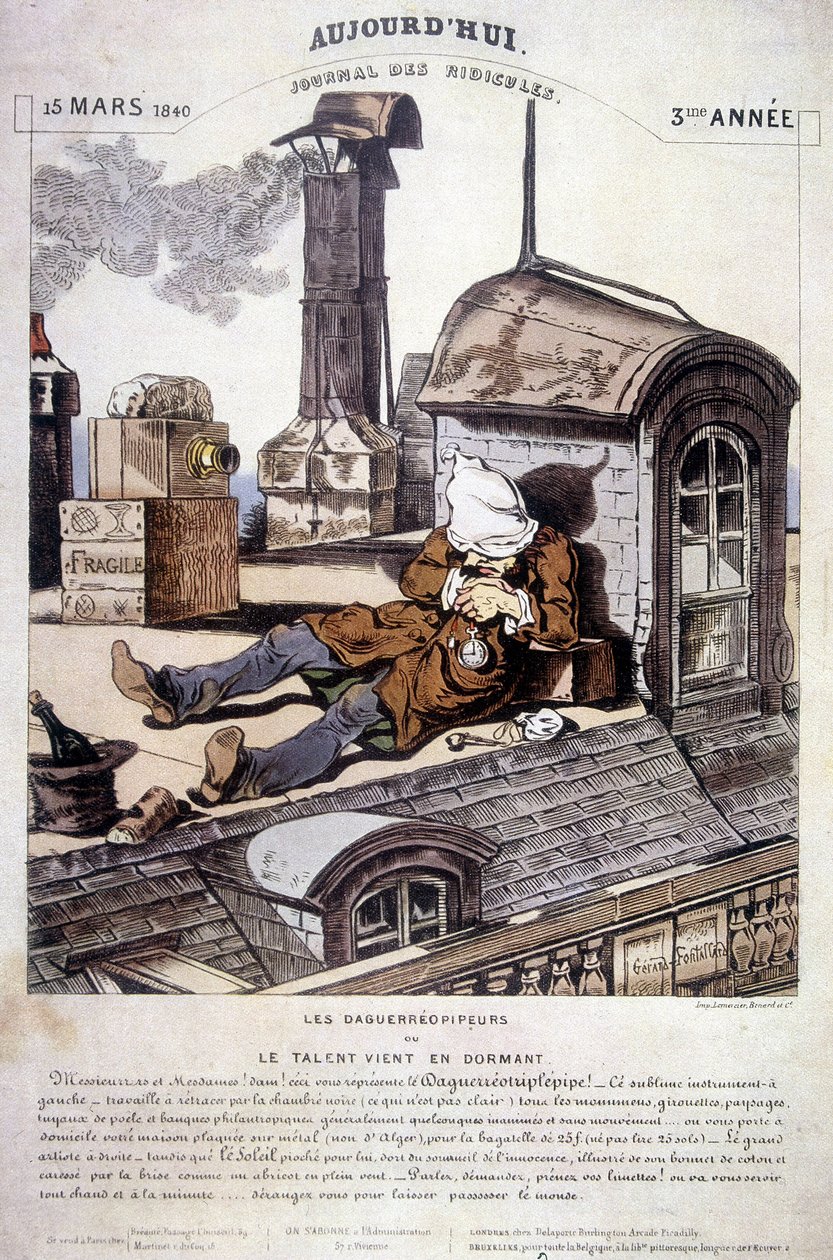 Daguerreopipers o Il talento viene nel sonno. Articolo ironico contro la nuova professione di fotografo. In "Today, giornale dei ridicoli", del 15/03/1840 da Unknown artist