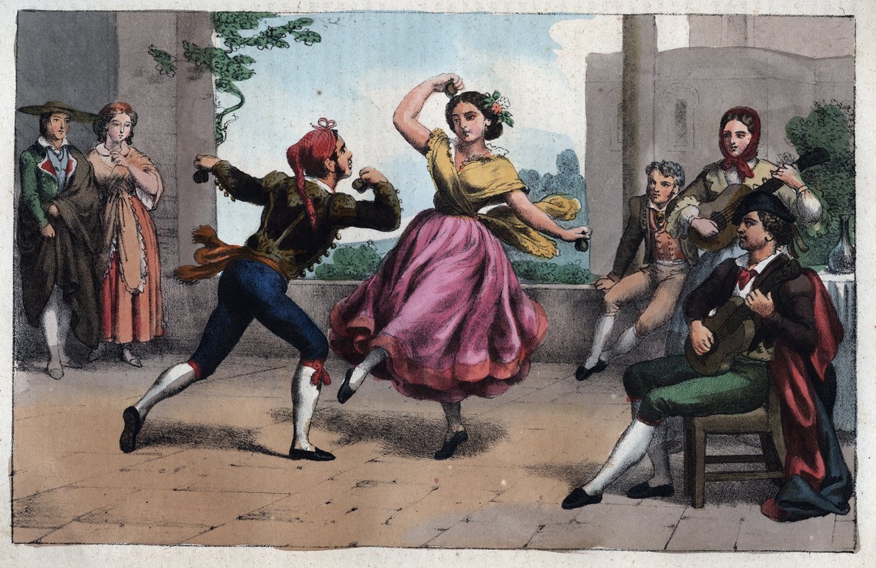 Danza del Bolero e costumi di Granada - incisione da 