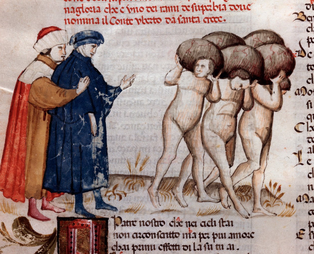 Dante e Virgilio che guardano il conte e Umberto Aldobrandeschi Oderisi da Gubbio (canto 11 del Purgatorio, nella Divina Commedia) - miniatura XV secolo da Unknown artist