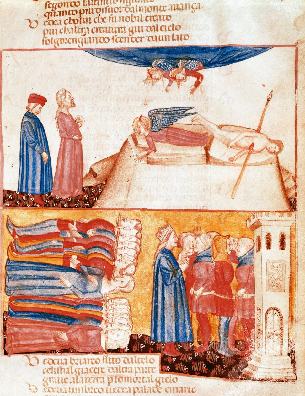 Dante e Virgilio incontrano le anime dei morti violentemente. Pagina miniata che illustra un canto dell