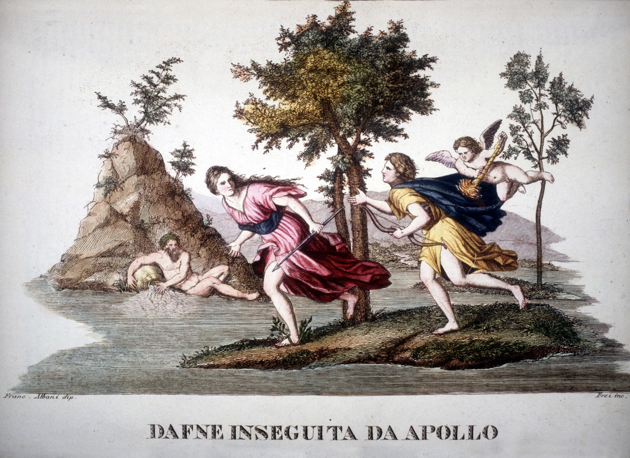Dafne inseguita da Apollo - in Dizionario mitologico da Unknown artist