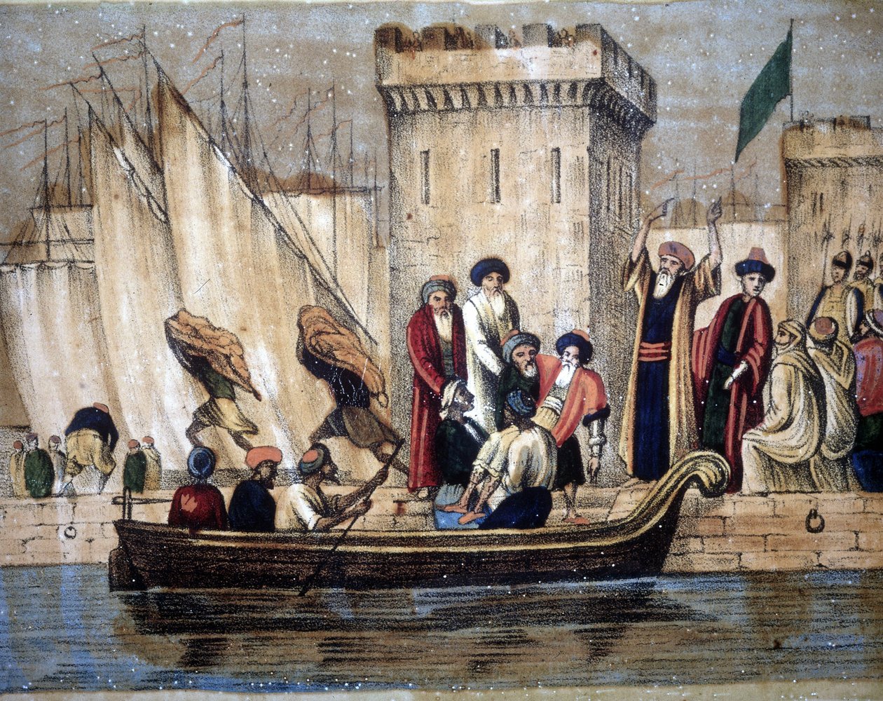 Partenza dei Mori di Algeri, a seguito della colonizzazione francese, un anziano o malato viene caricato su una barca. XIX secolo da Unknown artist