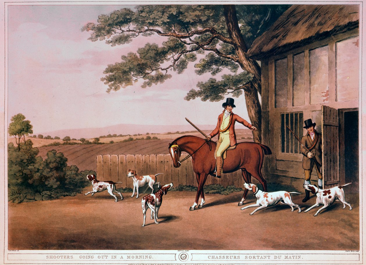 Partenza per la caccia di un cacciatore e dei suoi cani in Inghilterra. Incisione del XIX secolo. Gien, museo della caccia da Unknown artist