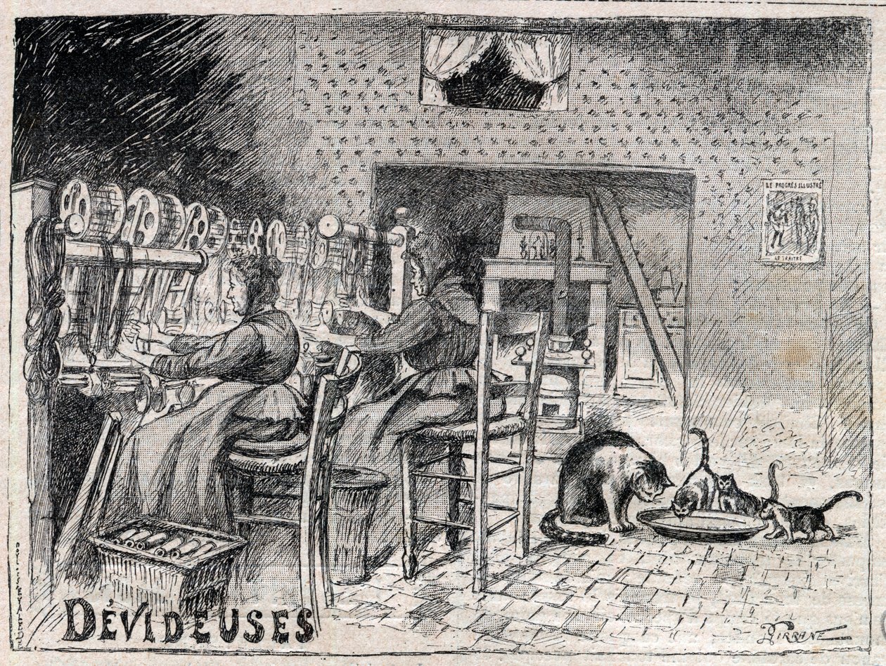 Devideuses - Atelier de Canut - interno di un laboratorio di tessitura della seta a Lione - incisione in "Le Progrès illustré" del 1895 da Unknown artist
