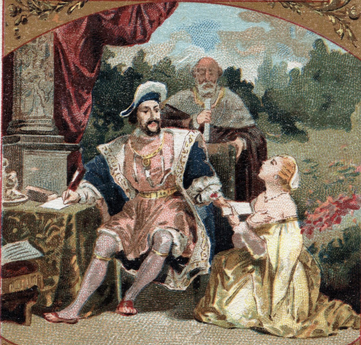 Diana di Poitiers (1499-1566) dama di Brézé, al castello di Anet (Eure-et-Loir) implora Francesco I (1494-1547) per la grazia del padre condannato per aver partecipato alle trame criminali del connestabile di Borbone. Cromolitografia della fine del XIX sec da Unknown artist