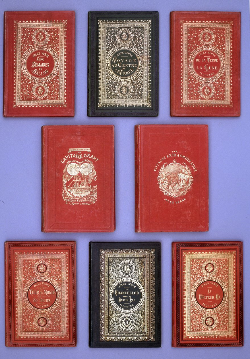 Diverse copertine dei libri di Jules Verne pubblicati nelle edizioni Hetzel. Collezione della biblioteca Verne. Parigi. da Unknown artist