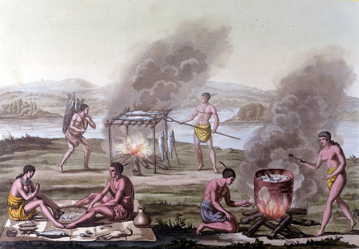Scena di pranzo e cucina tra gli indiani della Florida. Incisione del XVII secolo da Unknown artist