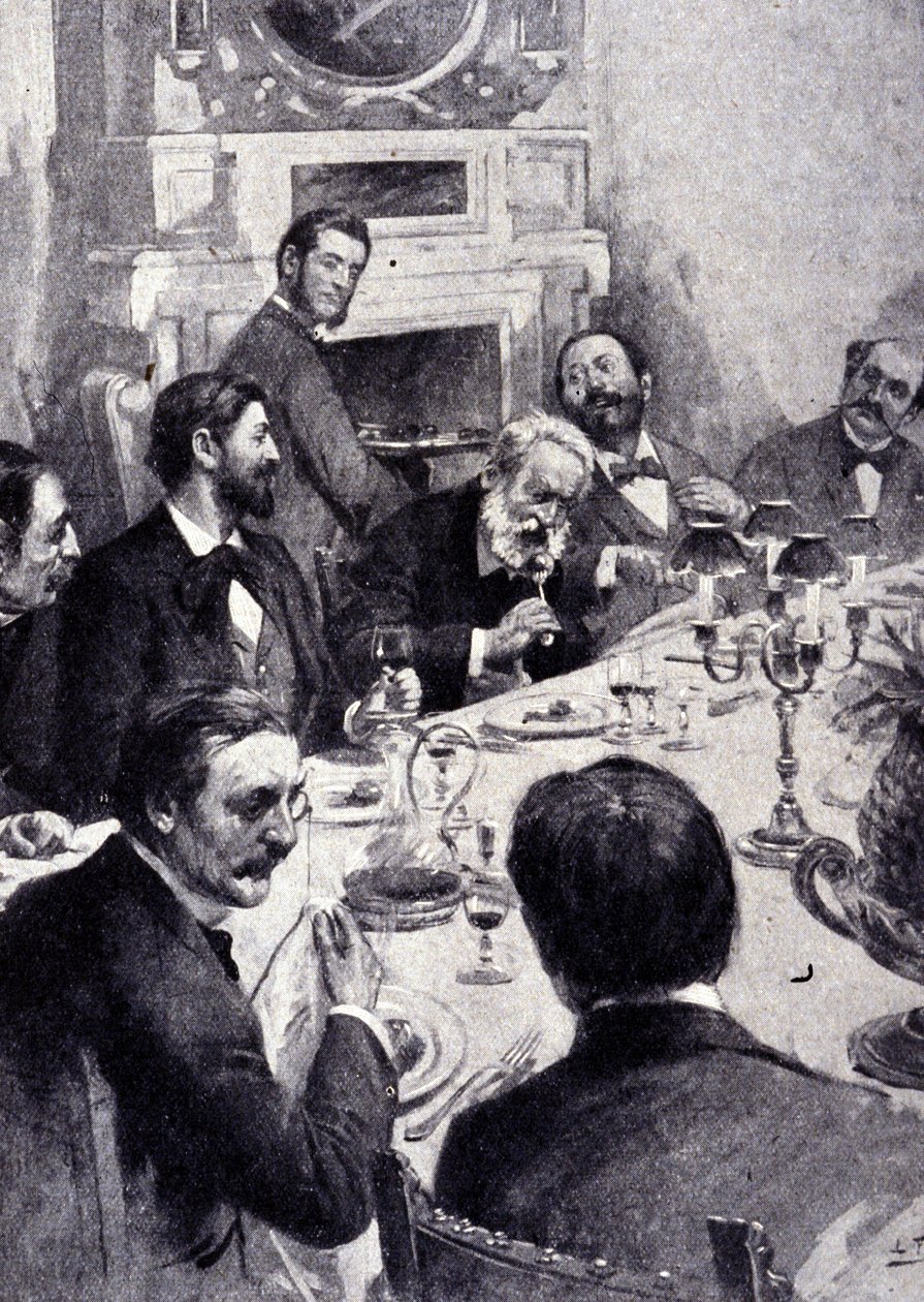 Cena al tavolo con Victor Hugo e Jean Mounet Sully, attore francese. Incisione del XIX secolo da Unknown artist
