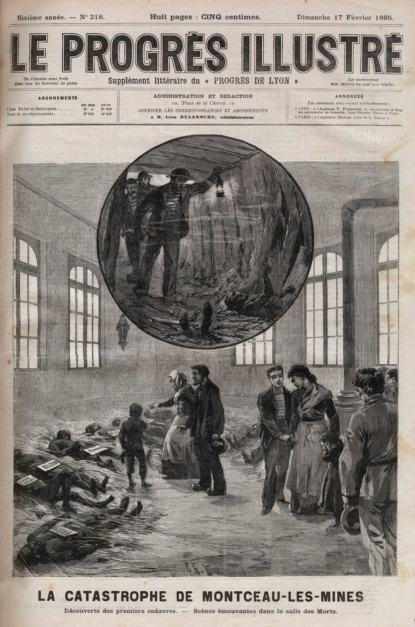 Disastro del pozzo Sainte Eugenie o disastro di Montceau-les-Mines in Borgogna nel 1895 - incisione in "Le Progrès illustré" del 1895 da Unknown artist