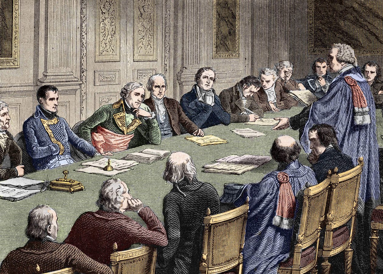 Discussione del Codice Civile al Consiglio di Stato (1800-1804), sotto la presidenza del primo console, Napoleone Bonaparte ha alla sua sinistra Jean Jacques Regis de Cambaceres. Incisione del XIX secolo. da Unknown artist
