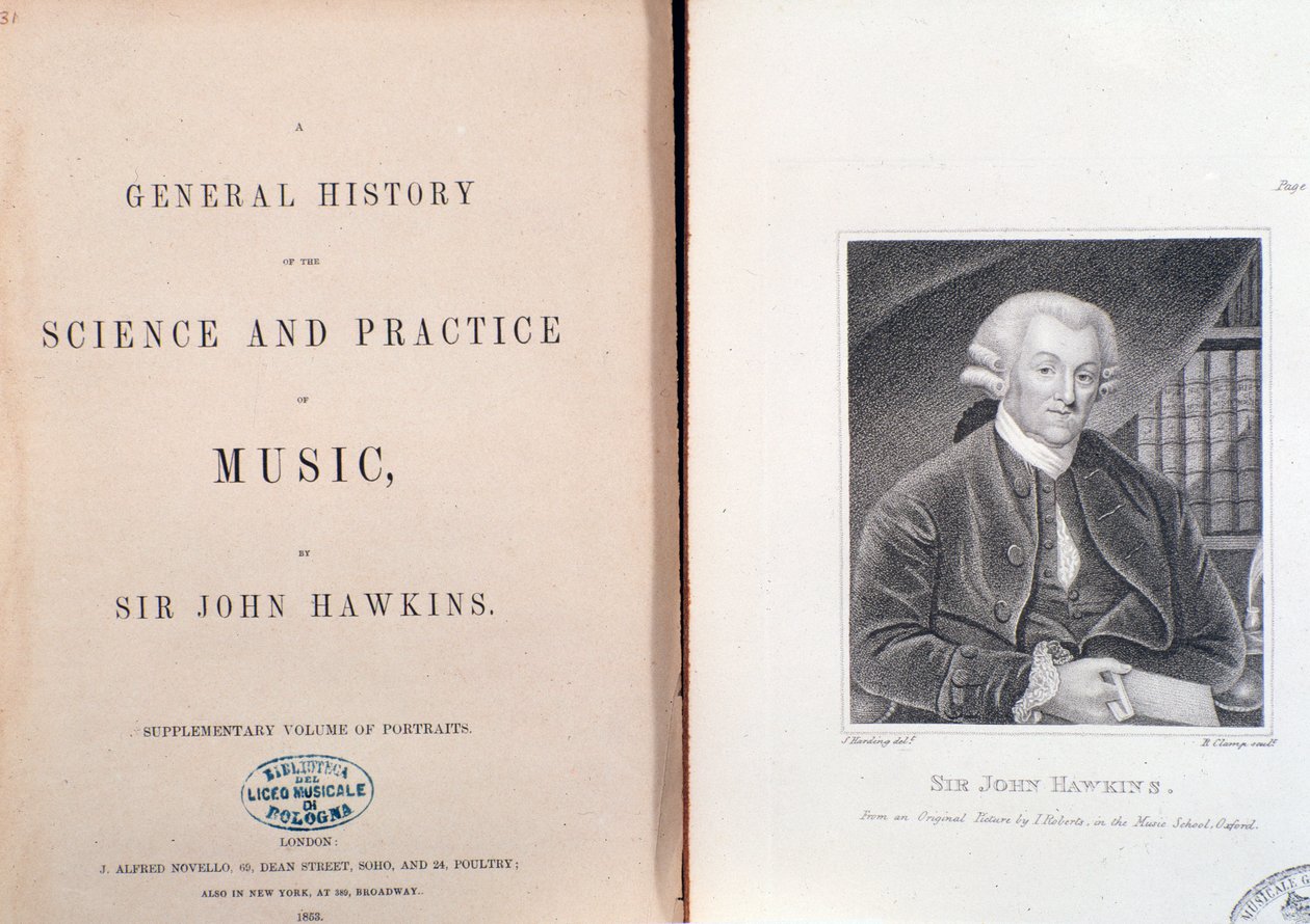 Doppia pagina e frontespizio di Storia Generale della Scienza e Pratica della Musica di John Hawkins da Unknown artist