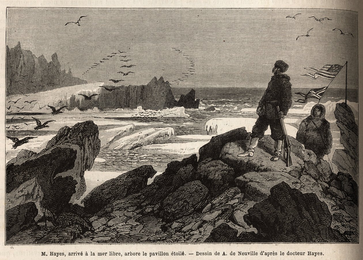 Il Dottor Hayes, arriva al mare libero del polo artico, lo scopo della sua spedizione, pianta la bandiera stellata americana. Incisione per illustrare il viaggio al mare libero del polo artico, del Dottor Hayes, chirurgo della Marina degli Stati Uniti, nel da Unknown artist