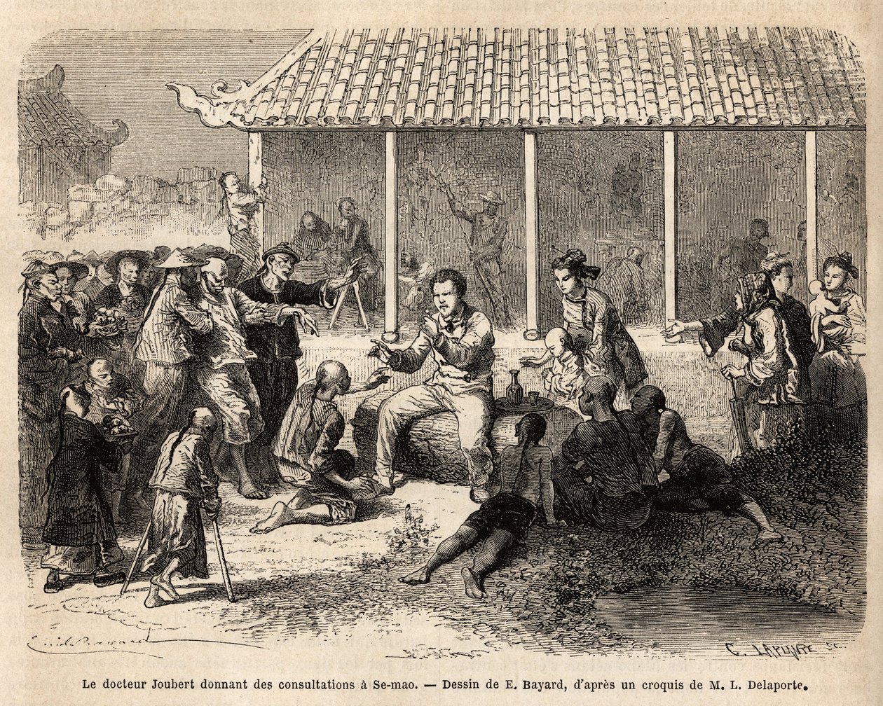 Il dottor Joubert che dà consultazioni a Se-Mao (Cina), incisione per illustrare il viaggio di esplorazione in Indocina, di Francis Garnier, 1866-1868 da Unknown artist